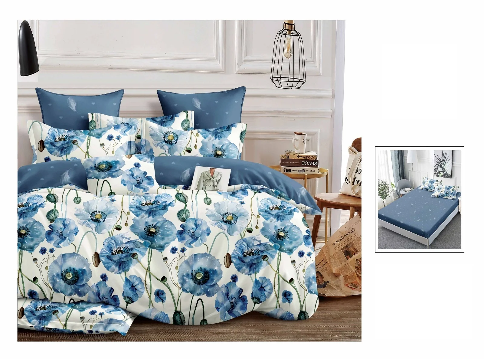 Lenjerie-de-pat-finet-cu-elastic-crem-cu-multe-flori-albastre