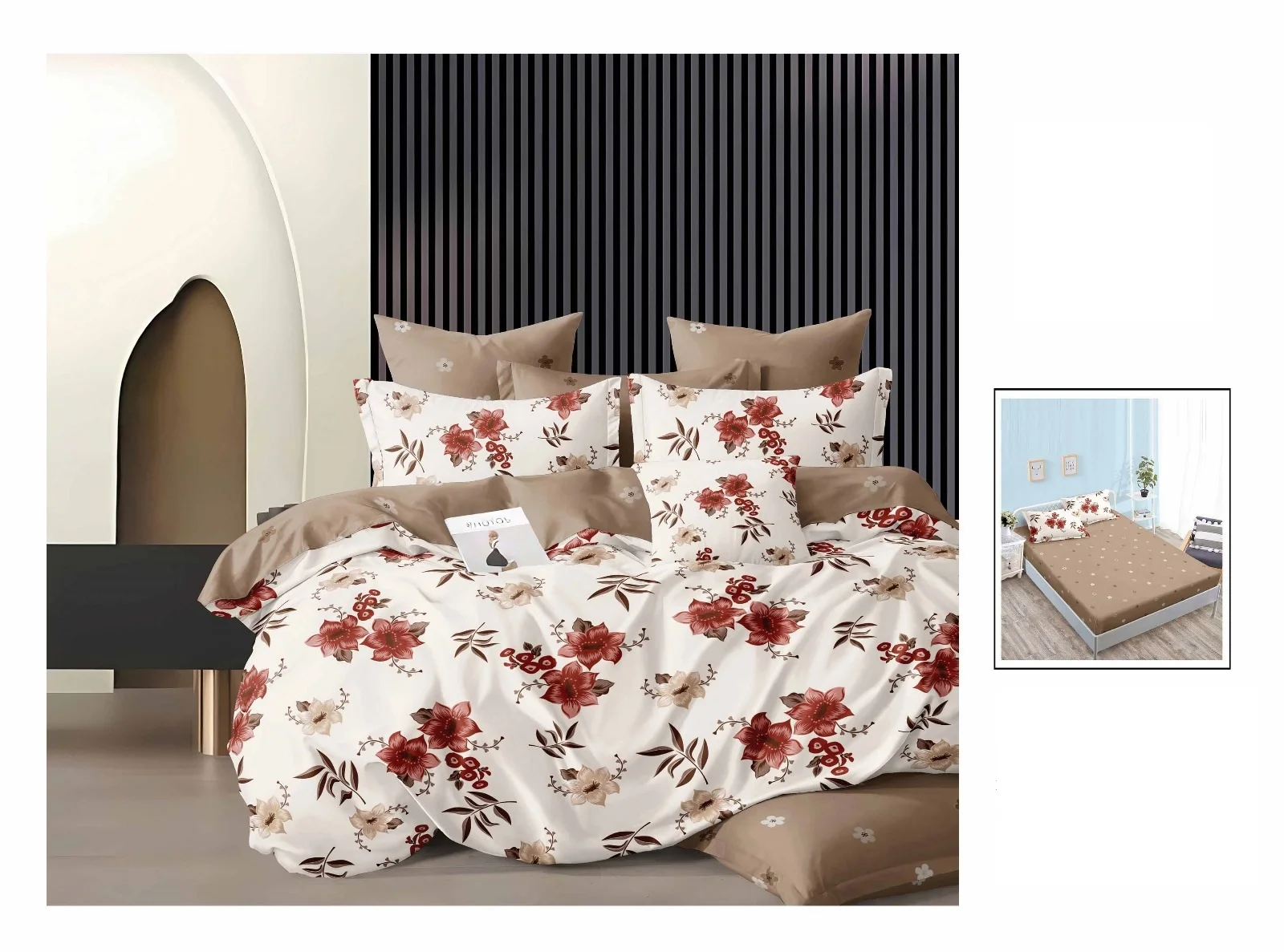 Lenjerie-de-pat-finet-cu-elastic-crem-maro-cu-floricele-grena