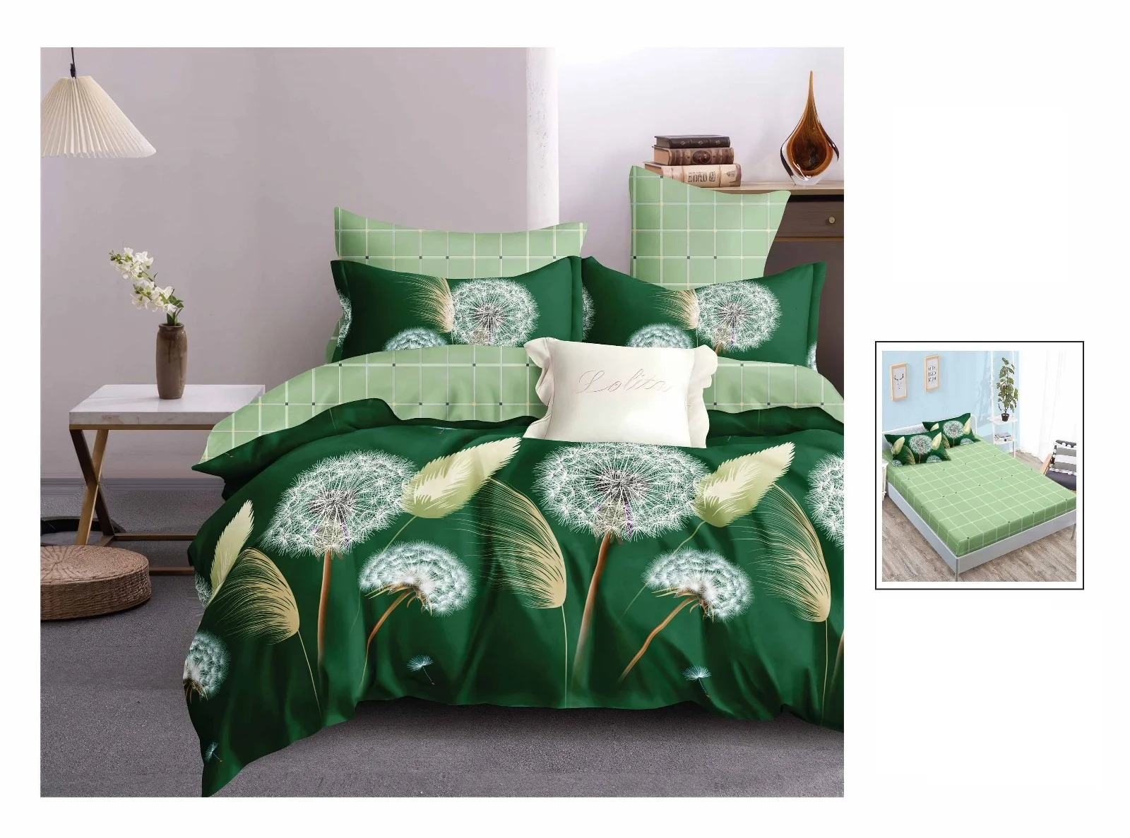 Lenjerie-de-pat-finet-cu-elastic-cu-papadie-alba-si-fond-verde